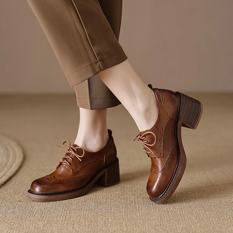 새로운 봄 여성 로퍼 정품 가죽 신발 라운드 토 스퀘어 - Oxford Lace Up Women 리뷰 및 가격