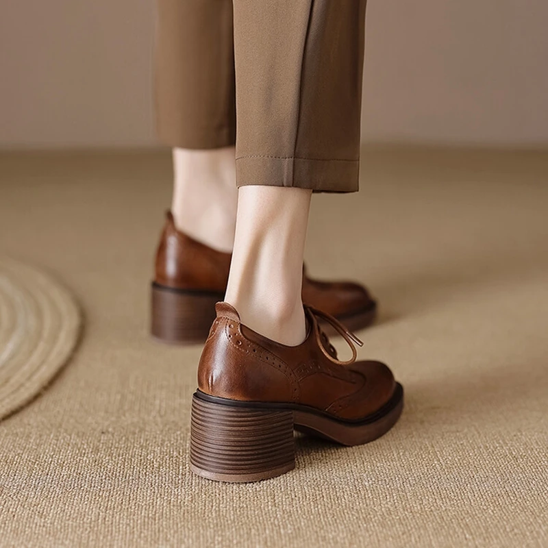 새로운 봄 여성 로퍼 정품 가죽 신발 라운드 토 스퀘어 - Oxford Lace Up Women 리뷰 및 가격